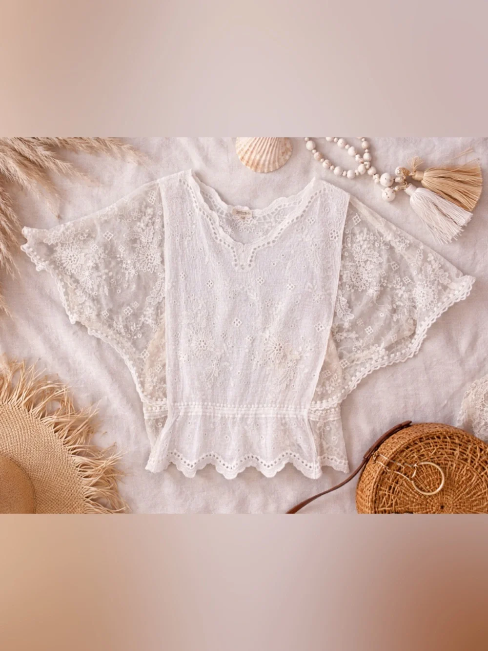 Natura White Lace Embroidered Cotton Top Boho Sheer Floral Size S/M - Picture 1 of 7